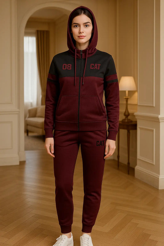 Women’s Maroon & Black Zip-Up-Removable Cap Tracksuit Set – Two-Piece Co-ord | Zeneefa