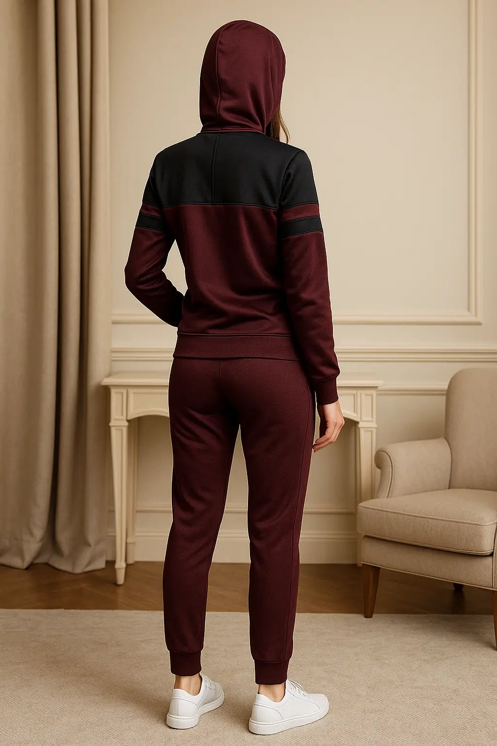 Women’s Maroon & Black Zip-Up-Removable Cap Tracksuit Set – Two-Piece Co-ord | Zeneefa