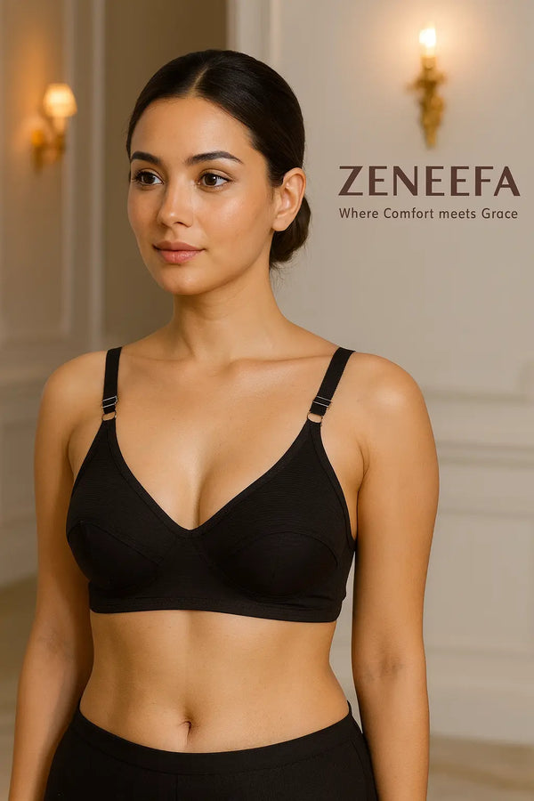 Zeneefa Essential Comfort Wire-Free Bra for Women – Everyday Support in Skin & Black | Where Comfort Meets Grace