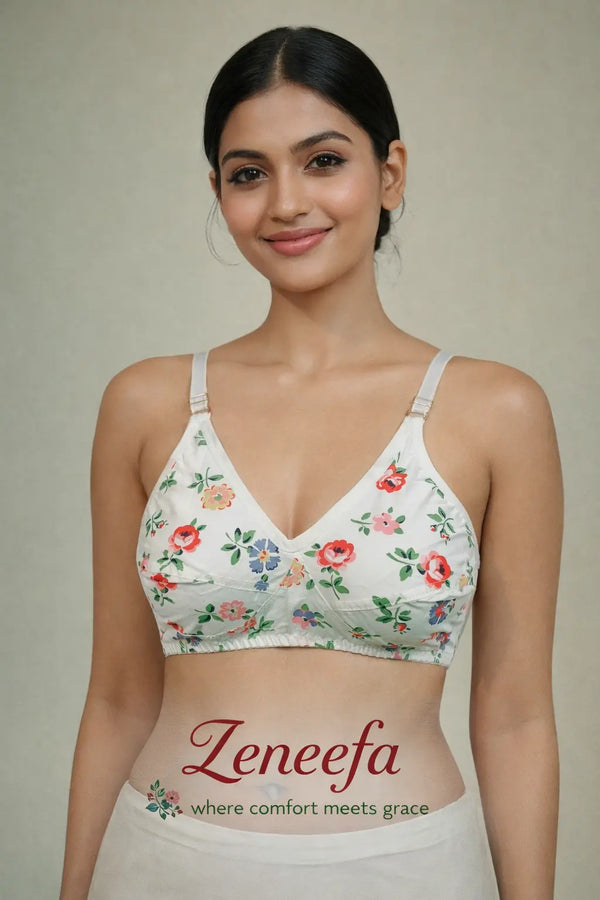 Zeneefa Floral Cotton Bra – White | Everyday Comfort Fit (B Cup)