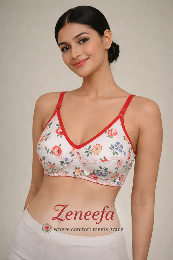 Zeneefa Floral Cotton Bra with Red Trim – White | Comfortable Everyday Wear (B Cup)