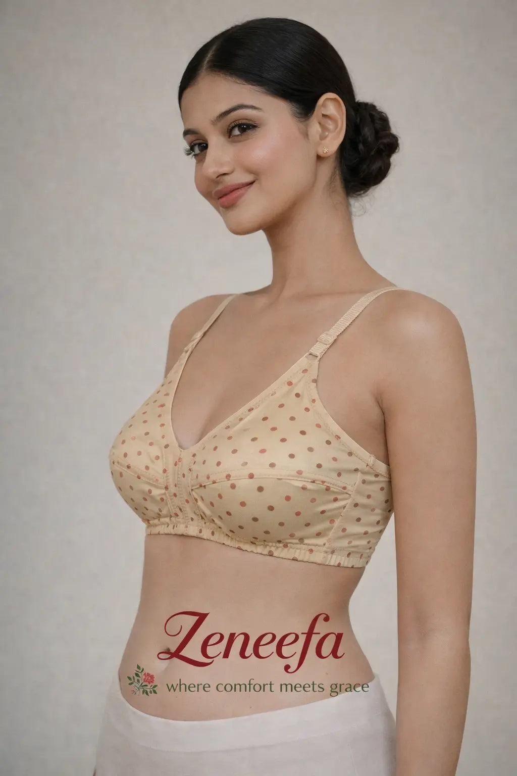 Zeneefa Polka Dot Cotton Bra – Skin | Soft Everyday Comfort Fit (B Cup)