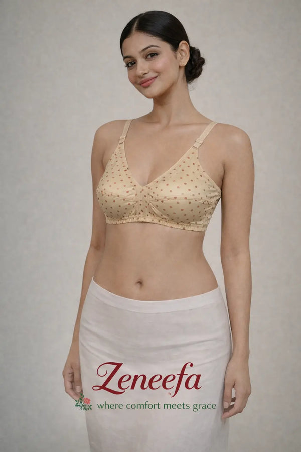 Zeneefa Polka Dot Cotton Bra – Skin | Soft Everyday Comfort Fit (B Cup)