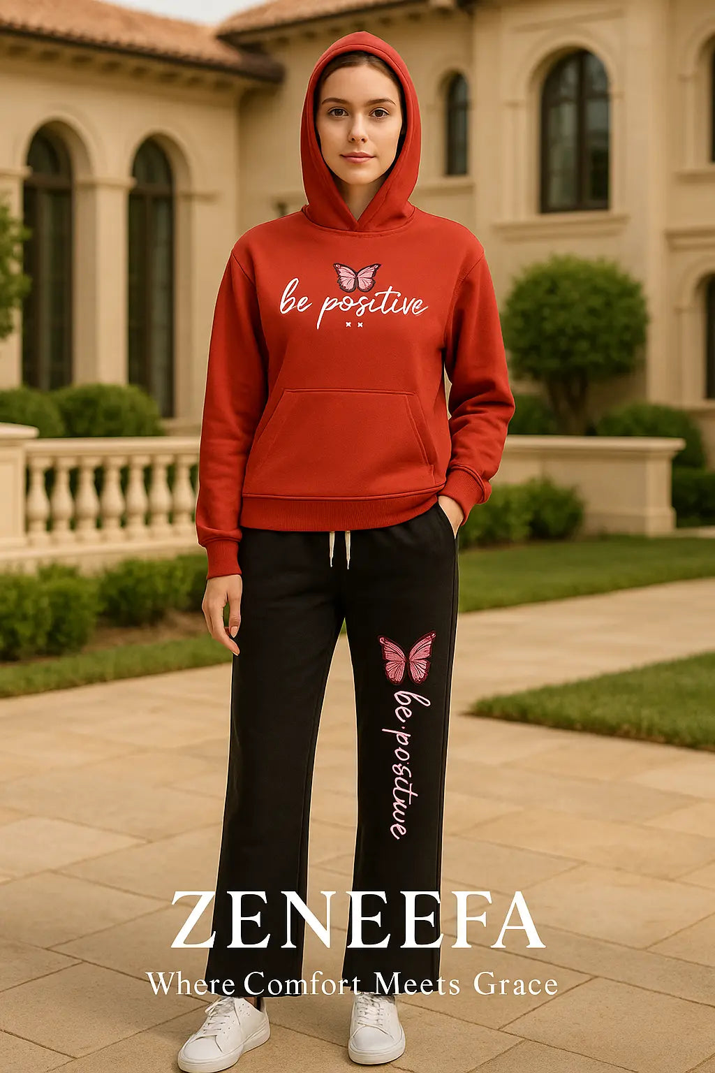 Women’s “Be Positive” Hoodie Set – Red & Black Two-Piece Outfit | Zeneefa