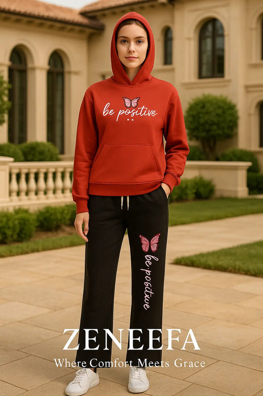 Women’s “Be Positive” Hoodie Set – Red & Black Two-Piece Outfit | Zeneefa