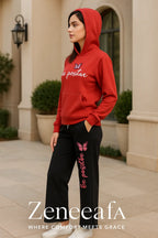 Women’s “Be Positive” Hoodie Set – Red & Black Two-Piece Outfit | Zeneefa