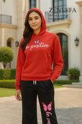 Women’s “Be Positive” Hoodie Set – Red & Black Two-Piece Outfit | Zeneefa