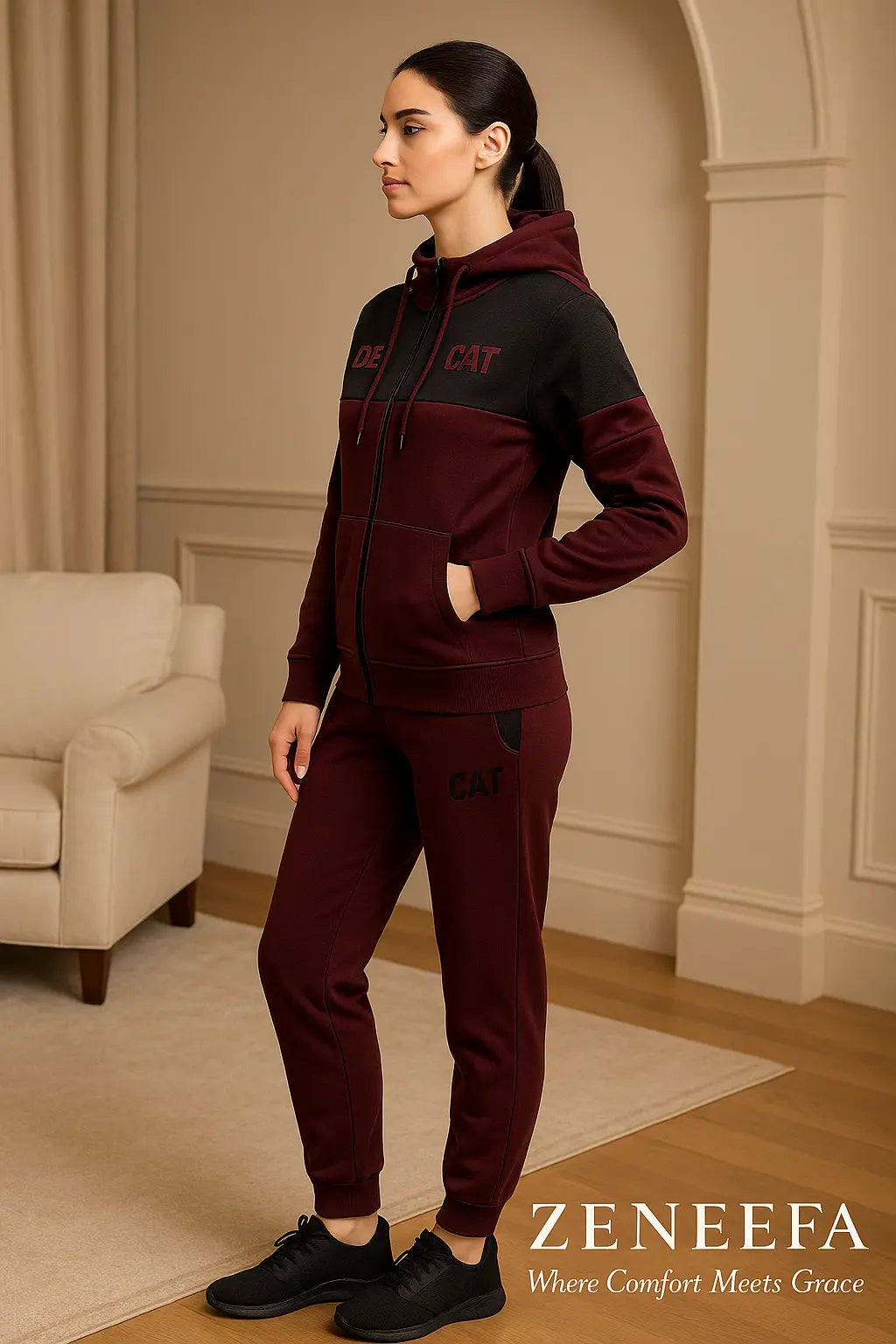 Women’s Maroon & Black Zip-Up-Removable Cap Tracksuit Set – Two-Piece Co-ord | Zeneefa