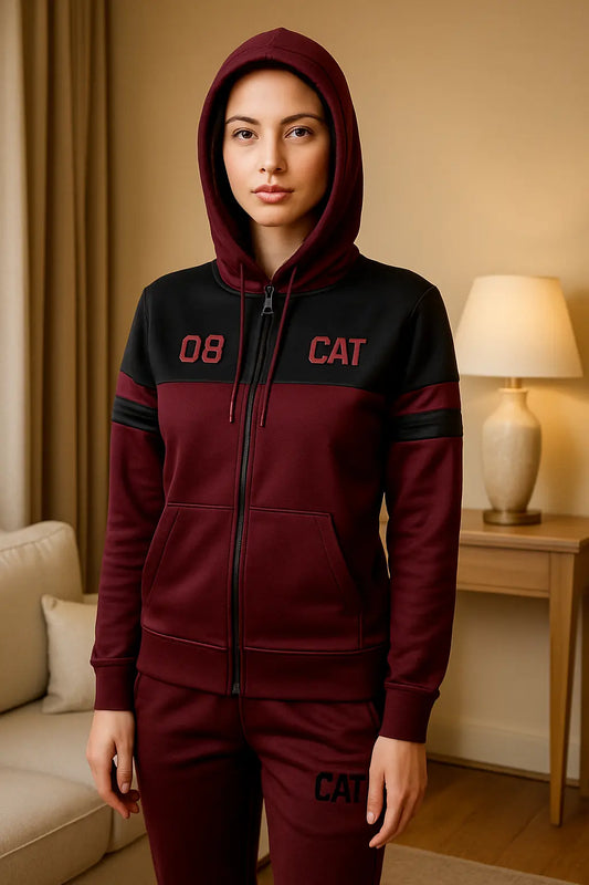 Women’s Maroon & Black Zip-Up-Removable Cap Tracksuit Set – Two-Piece Co-ord | Zeneefa