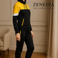 Women’s Black & Yellow Colour-Block Tracksuit Set – Zip-Up- Removable Cap Two-Piece Co-ord | Zeneefa