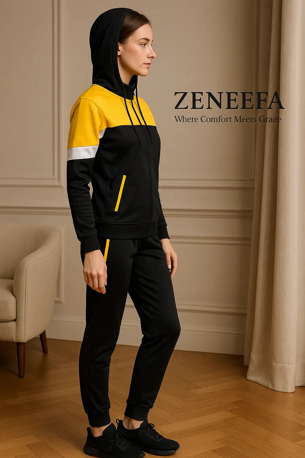 Women’s Black & Yellow Colour-Block Tracksuit Set – Zip-Up- Removable Cap Two-Piece Co-ord | Zeneefa
