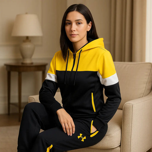 Women’s Black & Yellow Colour-Block Tracksuit Set – Zip-Up- Removable Cap Two-Piece Co-ord | Zeneefa