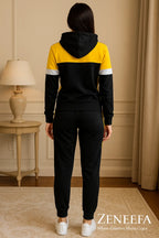 Women’s Black & Yellow Colour-Block Tracksuit Set – Zip-Up- Removable Cap Two-Piece Co-ord | Zeneefa