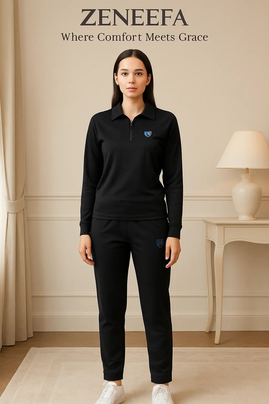 Women’s Zip-Collar Co-ord Set – Black, henna Green & Brown Two-Piece Outfit | Zeneefa