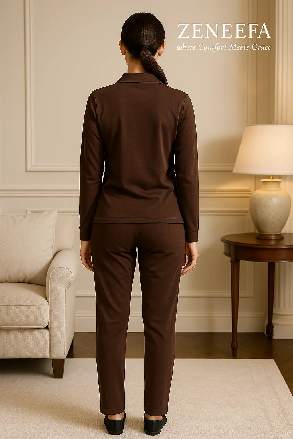 Women’s Zip-Collar Co-ord Set – Black, henna Green & Brown Two-Piece Outfit | Zeneefa