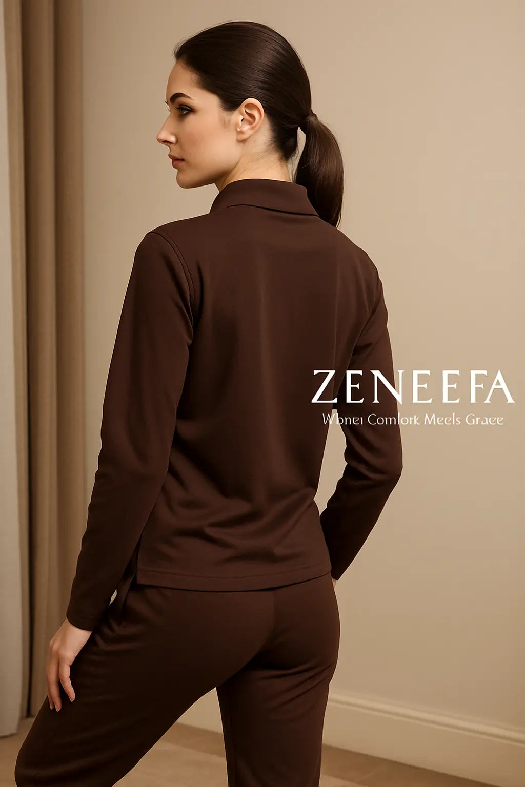 Women’s Zip-Collar Co-ord Set – Black, henna Green & Brown Two-Piece Outfit | Zeneefa
