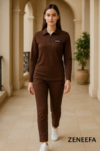 Women’s Zip-Collar Co-ord Set – Black, henna Green & Brown Two-Piece Outfit | Zeneefa