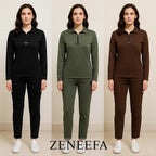 Women’s Zip-Collar Co-ord Set – Black, henna Green & Brown Two-Piece Outfit | Zeneefa