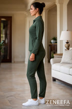 Women’s Zip-Collar Co-ord Set – Black, henna Green & Brown Two-Piece Outfit | Zeneefa