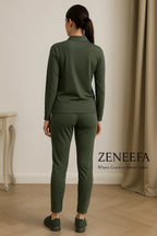 Women’s Zip-Collar Co-ord Set – Black, henna Green & Brown Two-Piece Outfit | Zeneefa