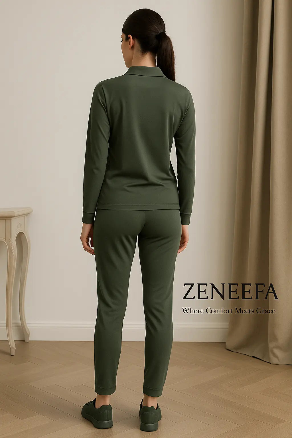 Women’s Zip-Collar Co-ord Set – Black, henna Green & Brown Two-Piece Outfit | Zeneefa