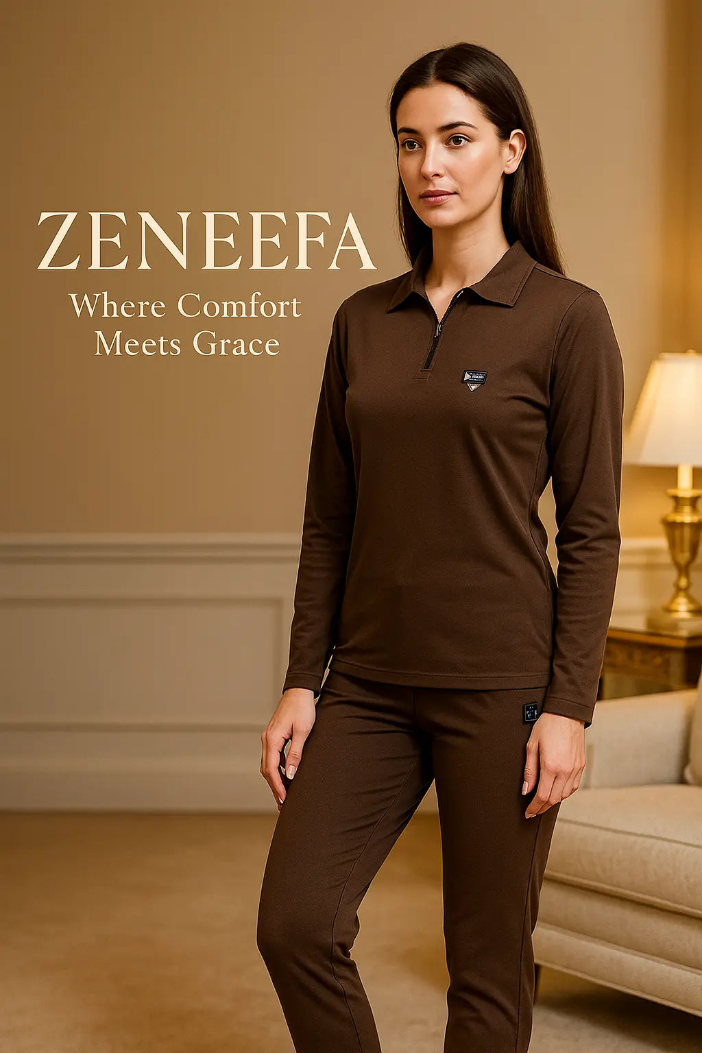 Women’s Zip-Collar Co-ord Set – Black, henna Green & Brown Two-Piece Outfit | Zeneefa