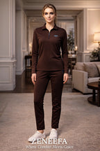 Women’s Zip-Collar Co-ord Set – Black, henna Green & Brown Two-Piece Outfit | Zeneefa