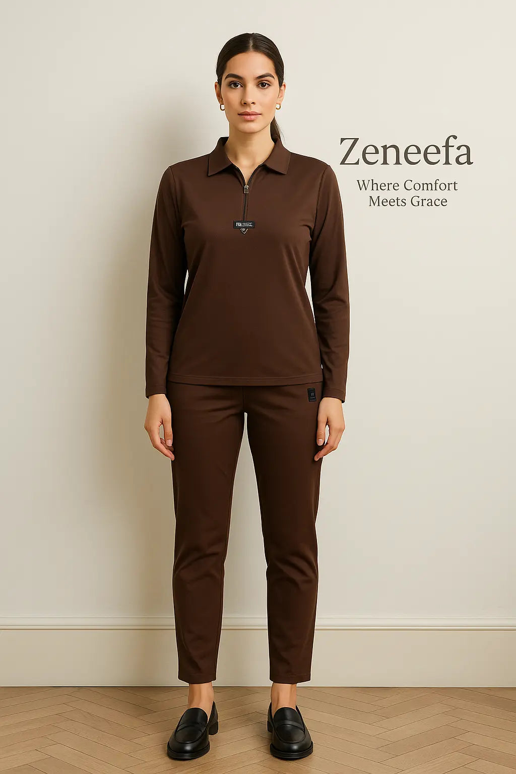 Women’s Zip-Collar Co-ord Set – Black, henna Green & Brown Two-Piece Outfit | Zeneefa
