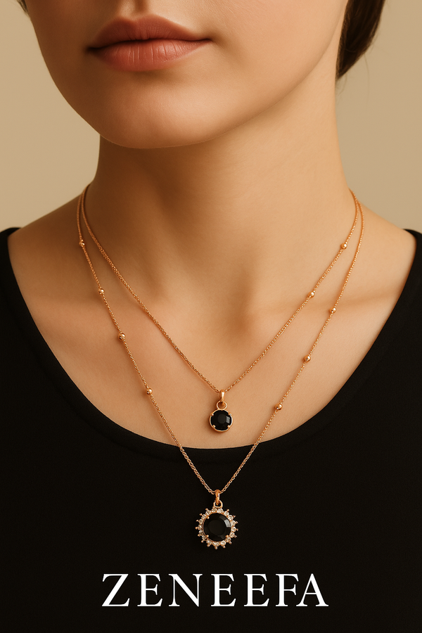 Zeneefa Black Onyx Double-Layer Pendant Necklace