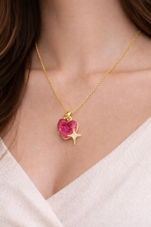 Zeneefa Crystal Heart Pendant Necklace with Star Charm for Women | Elegant Gold Jewelry