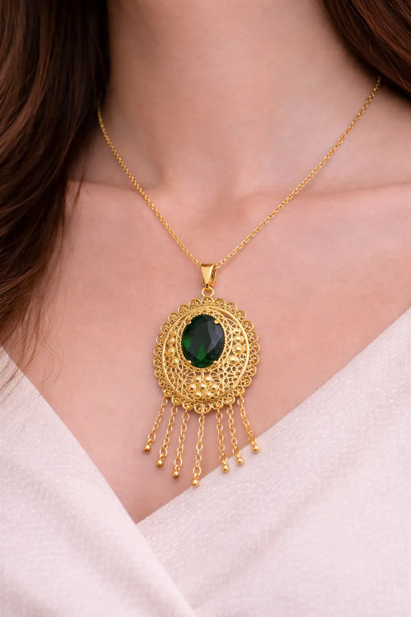 Zeneefa Emerald Green Crystal Filigree Pendant Necklace for Women | Gold-Tone Jewelry