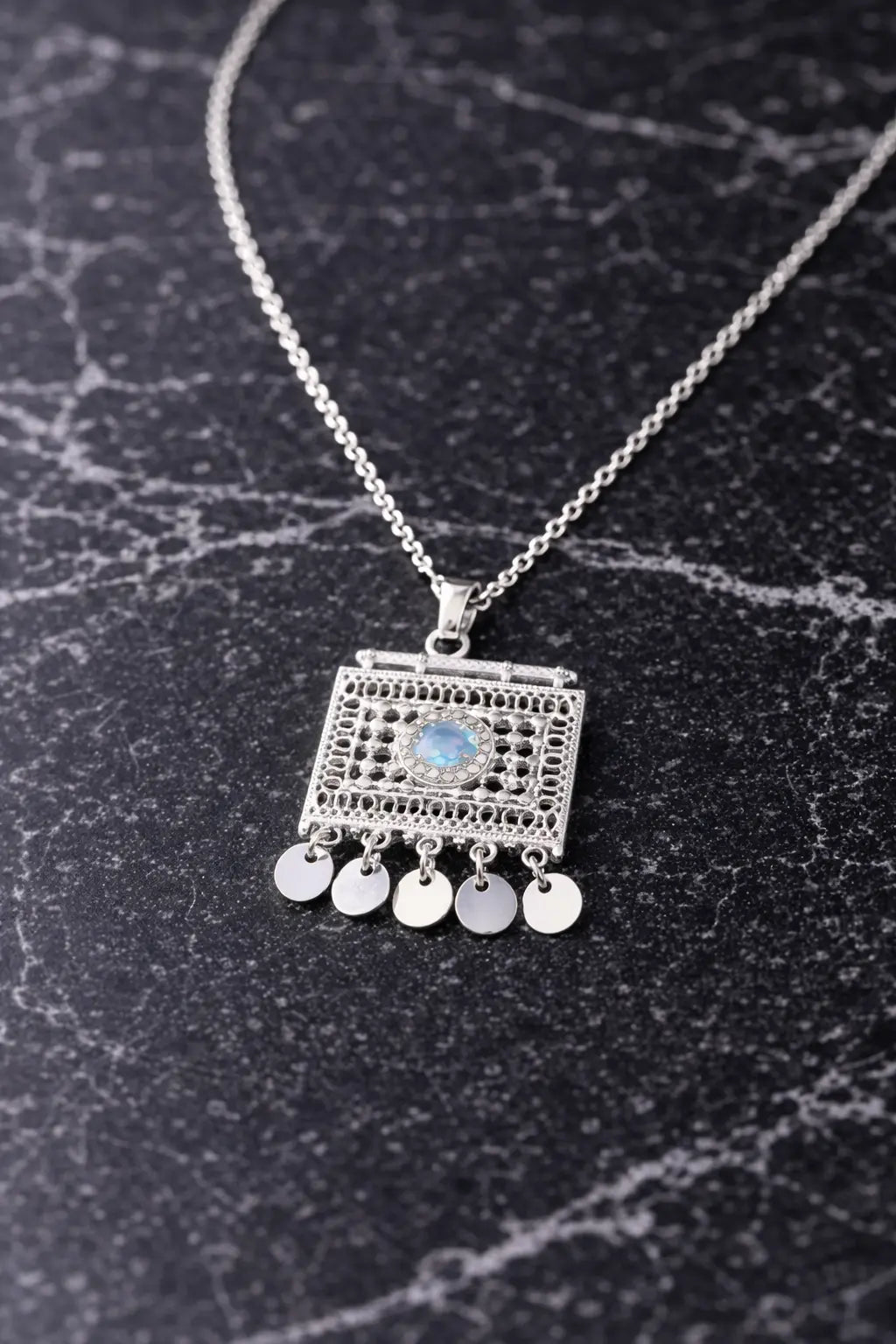 Zeneefa Silver Filigree Square Pendant Necklace for Women | Elegant Statement Jewelry