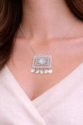 Zeneefa Silver Filigree Square Pendant Necklace for Women | Elegant Statement Jewelry