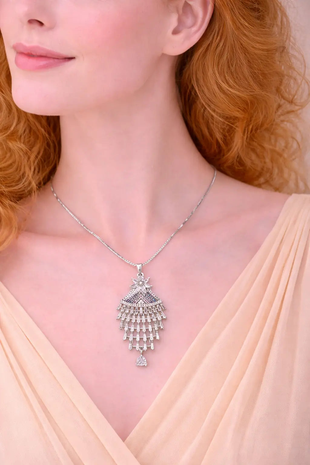 Zeneefa Crystal Tassel Pendant Necklace for Women | Elegant Silver Statement Jewelry