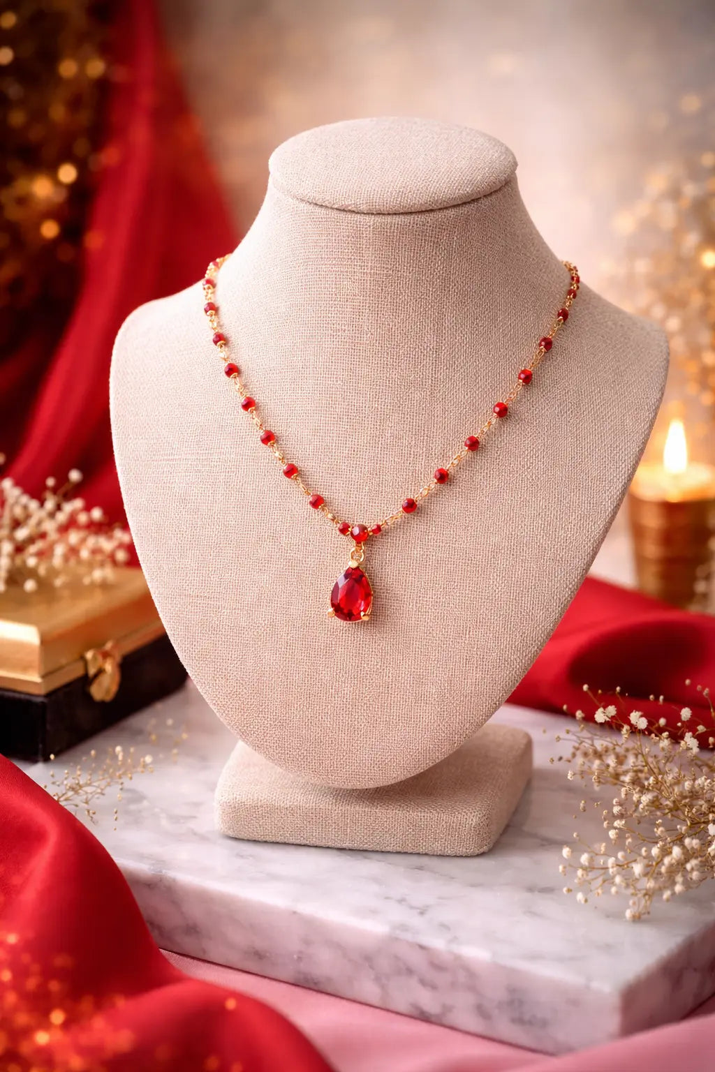 Zeneefa Ruby Red Teardrop Crystal Necklace Set for Women | Elegant Gold-Tone Jewelry