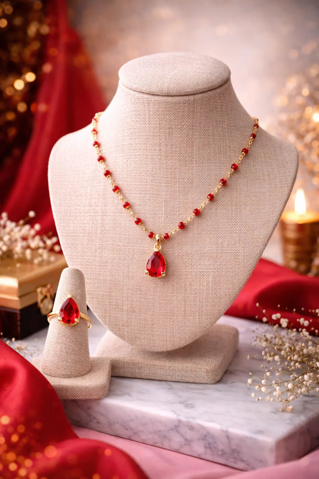 Zeneefa Ruby Red Teardrop Crystal Necklace Set for Women | Elegant Gold-Tone Jewelry