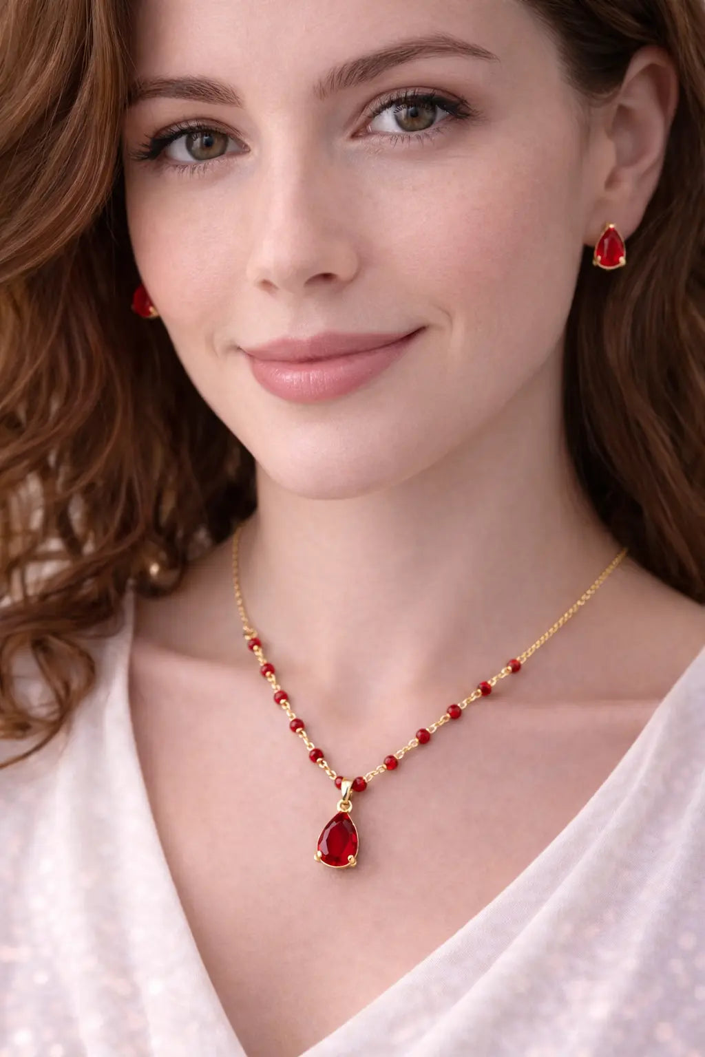 Zeneefa Ruby Red Teardrop Crystal Necklace Set for Women | Elegant Gold-Tone Jewelry