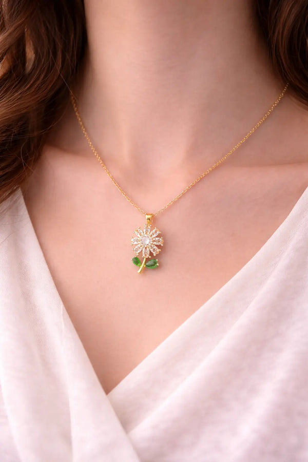 Zeneefa Floral Crystal Pendant Necklace for Women | Elegant Gold-Tone Jewelry
