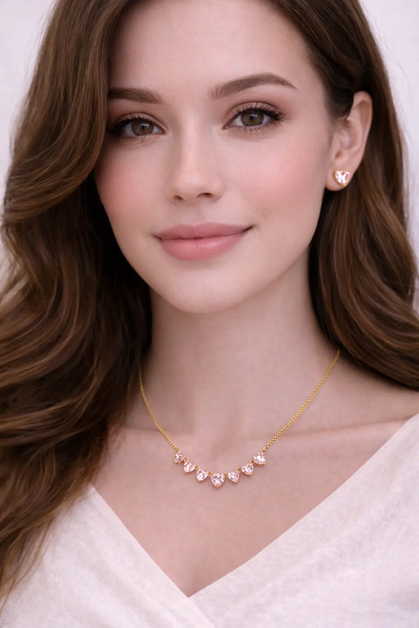 Zeneefa Pink Crystal Heart Necklace for Women | Elegant Gold-Tone Jewelry