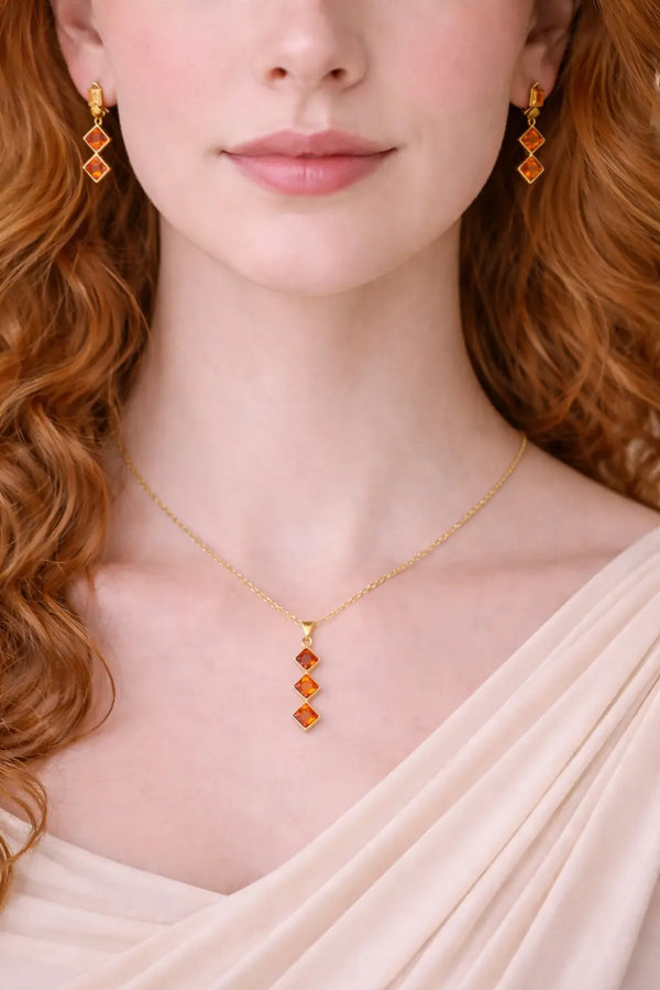 Zeneefa Orange Crystal Drop Pendant Necklace for Women | Elegant Gold-Tone Jewelry