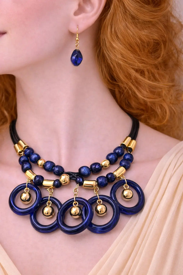 Zeneefa Blue Ring Statement Necklace Set for Women | Bold Gold-Tone Fashion Jewelry