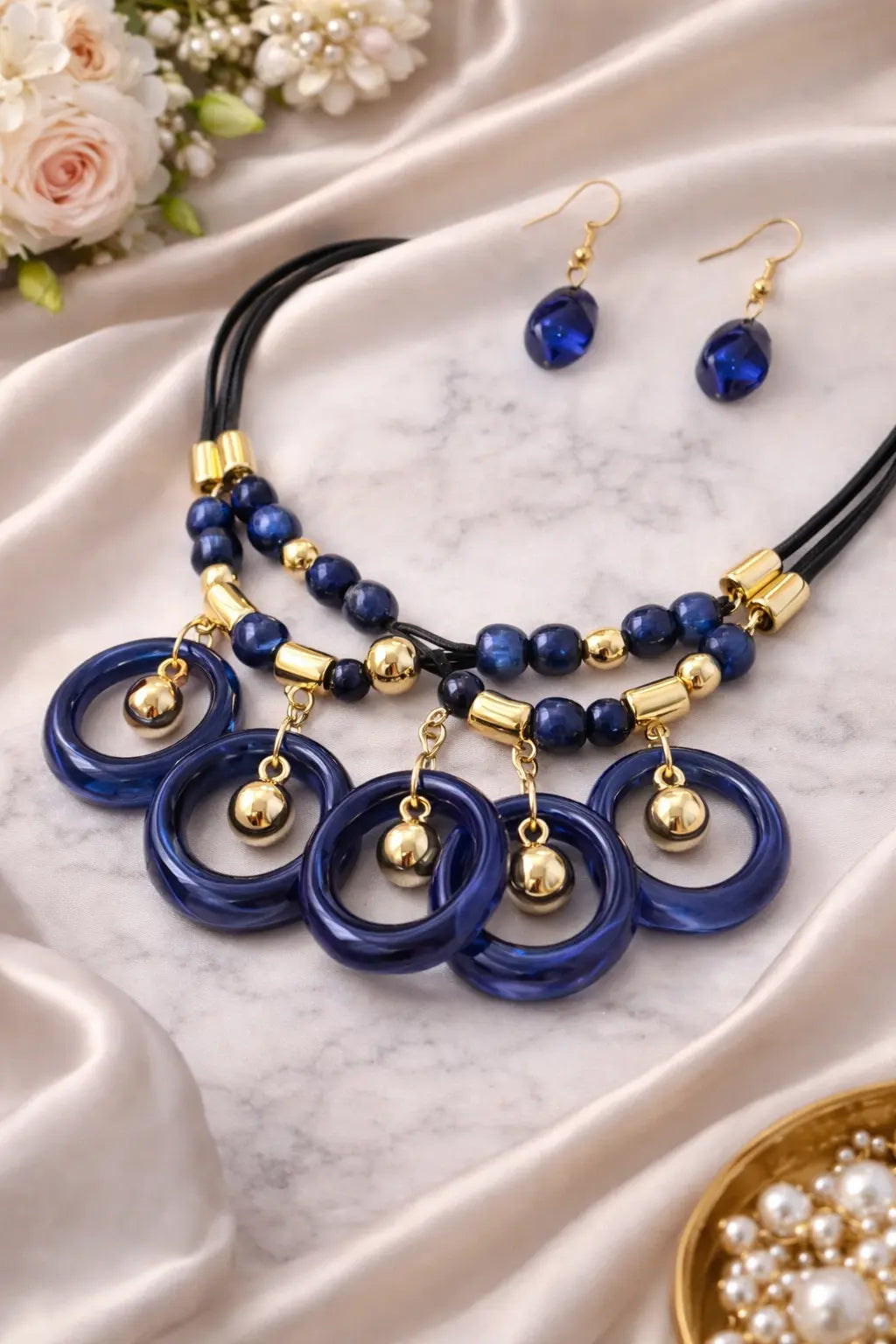 Zeneefa Blue Ring Statement Necklace Set for Women | Bold Gold-Tone Fashion Jewelry