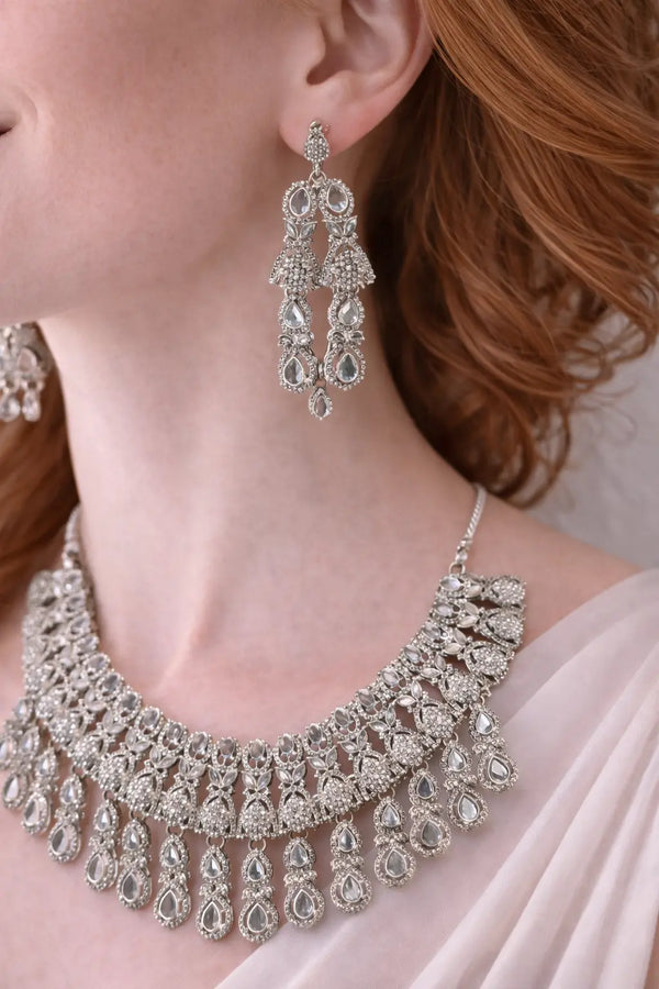 Zeneefa Luxury Silver Bridal Necklace Set with Statement Earrings | Wedding Jewelry for Women