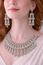 Zeneefa Luxury Silver Bridal Necklace Set with Statement Earrings | Wedding Jewelry for Women