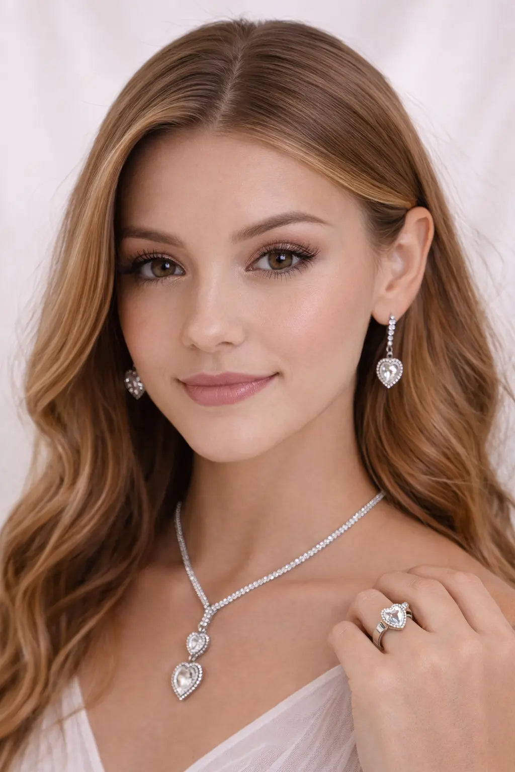 Zeneefa Luxury Heart Crystal Bridal Jewelry Set | Necklace, Earrings & Ring for Women