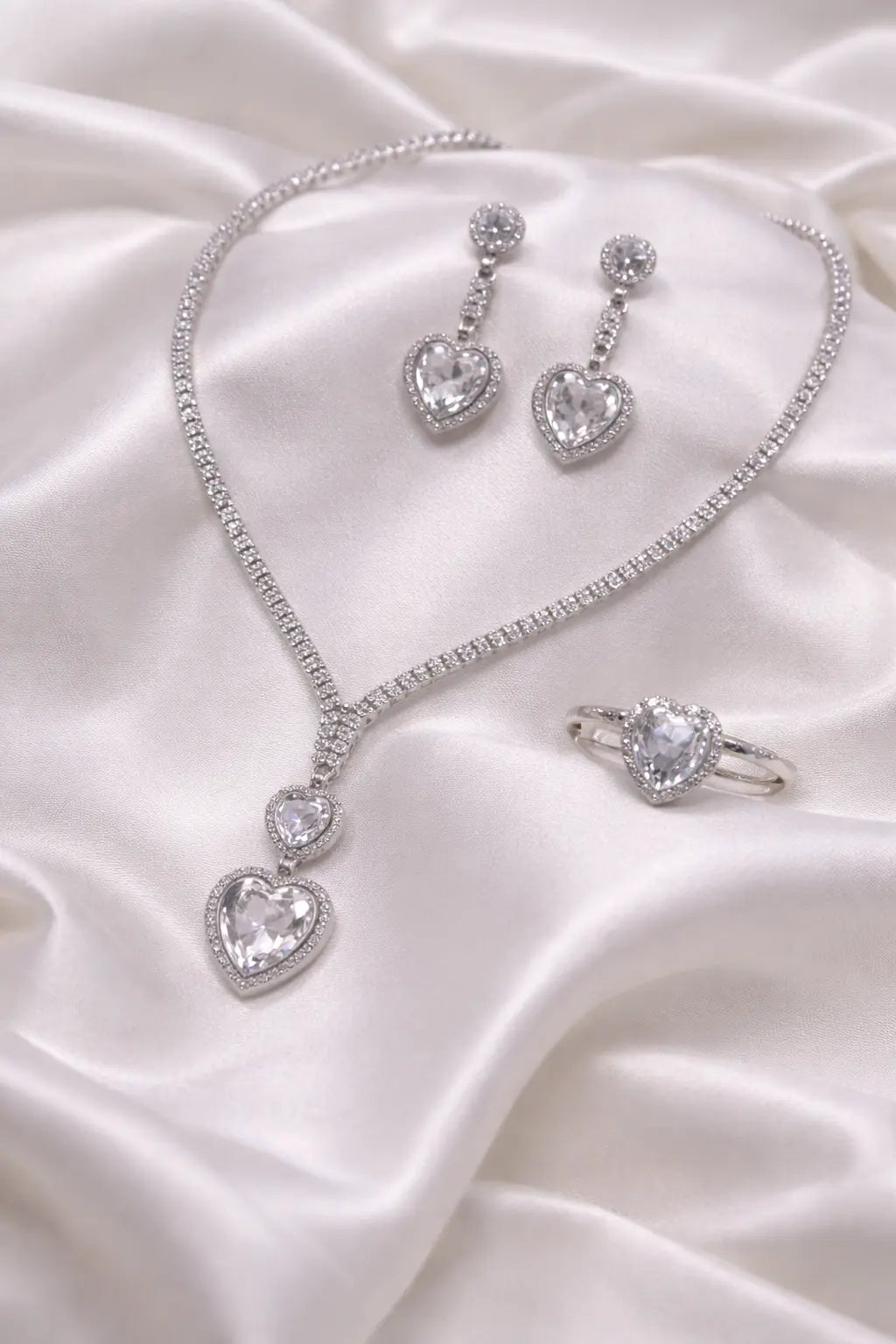 Zeneefa Luxury Heart Crystal Bridal Jewelry Set | Necklace, Earrings & Ring for Women