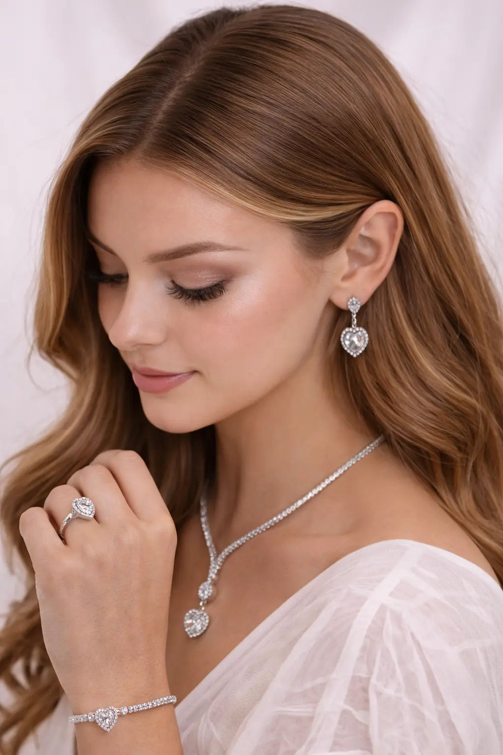 Zeneefa Luxury Heart Crystal Bridal Jewelry Set | Necklace, Earrings & Ring for Women