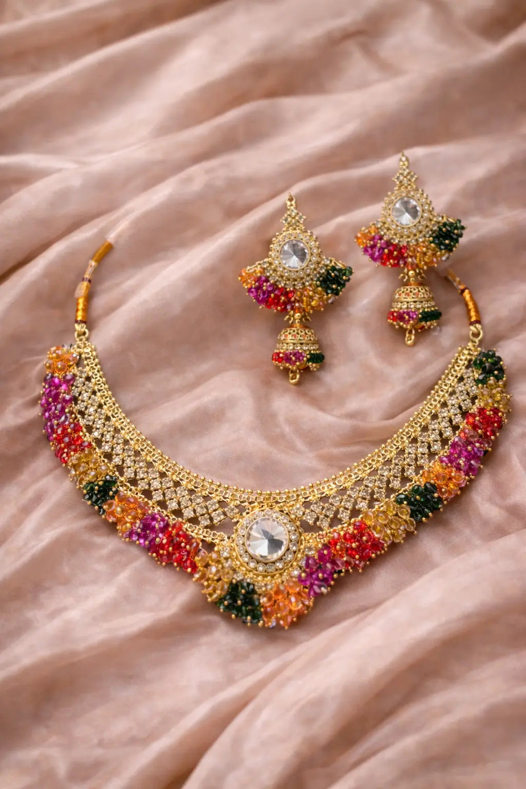 Zeneefa Traditional Gold-Tone Multicolor Bridal Necklace Set | Wedding Jewelry for Women