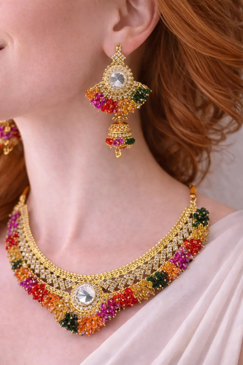 Zeneefa Traditional Gold-Tone Multicolor Bridal Necklace Set | Wedding Jewelry for Women