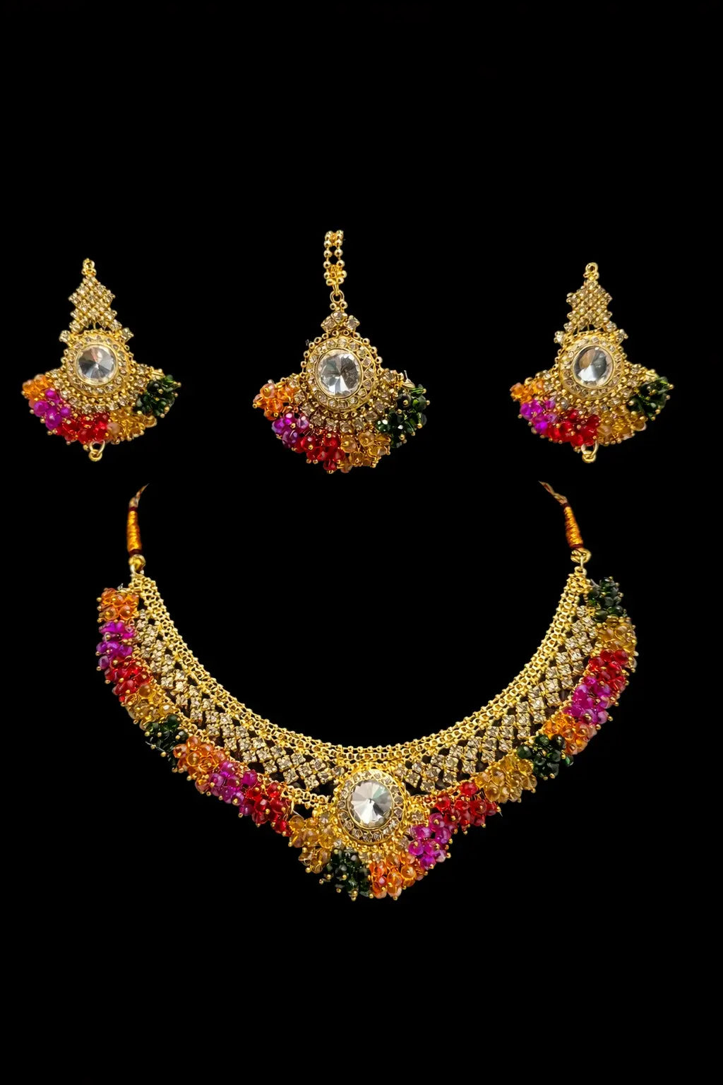 Zeneefa Traditional Gold-Tone Multicolor Bridal Necklace Set | Wedding Jewelry for Women